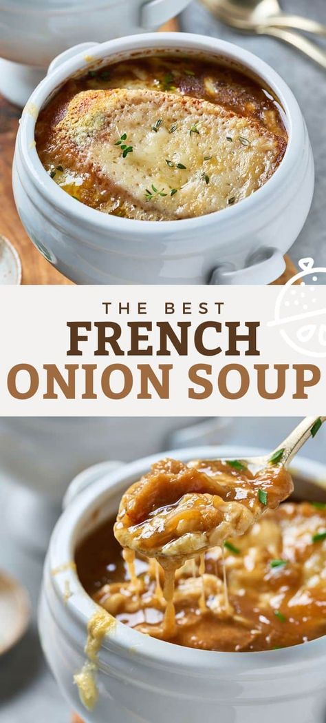 Learn how to make classic French Onion Soup like a restaurant Chef! Made with caramelized onions, a rich savory broth and toasted cheesy bread, this flavorful soup is ridiculously easy to make, budget-friendly and better than any store bought version out there! Vegetarian Adaptable, Gluten-Free Adaptable. It can be made without wine or sherry. #lemonblossoms #soups Best French Onion Soup Recipe, Easy French Onion Soup Recipe, Southern Discourse, Homemade French Onion Soup, Quick Foods, Best French Onion Soup, Classic French Onion Soup, Onion Soup Recipe, Friends Recipes