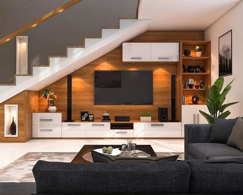 living, koloapp, kerala, interior, furniture, homedecor, tvunit, storage Room With Stairs, Living Room Under Stairs, Staircase In Living Room, Room Under Stairs, تحت الدرج, Staircase Interior Design, Staircase Design Modern, Stairs Design Interior, Stairs In Living Room