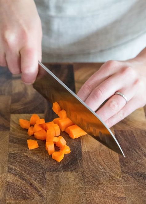 How To Cut Carrots: 4 Basic Cuts — Cooking Lessons from The Kitchn | The Kitchn How To Cut Carrots, Salmon Potato, Lasagna Pasta, Lunch Appetizers, Diced Carrots, Grilling Tips, Rice Ingredients, Cooking Lessons, Cooking Basics