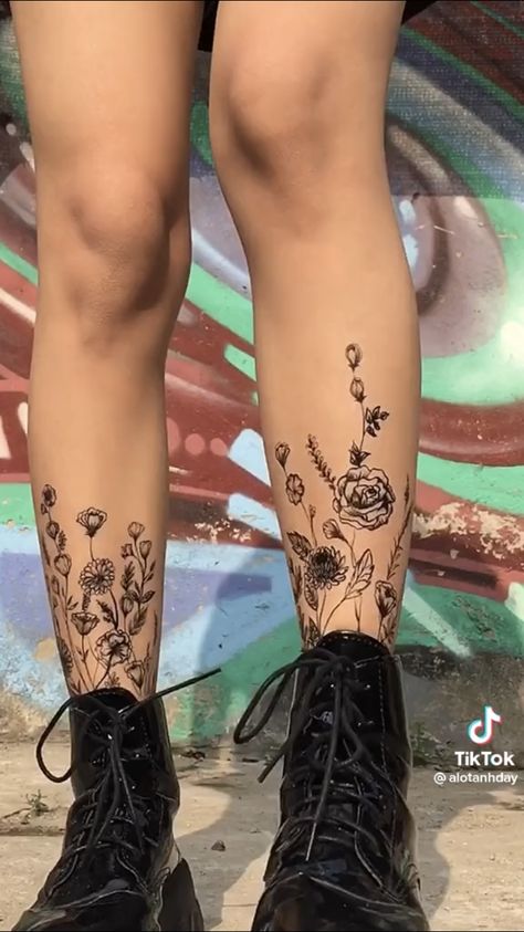 Botanical Leg Tattoos Women, Flower Shin Tattoos For Women, Flower Tattoos Around Ankle, Plants Leg Tattoo, Birth Flower Leg Tattoos, Garden Ankle Tattoo, Sock Tattoo Ideas, Leg Flower Tattoos For Women, Flowers Growing From Ankle Tattoo