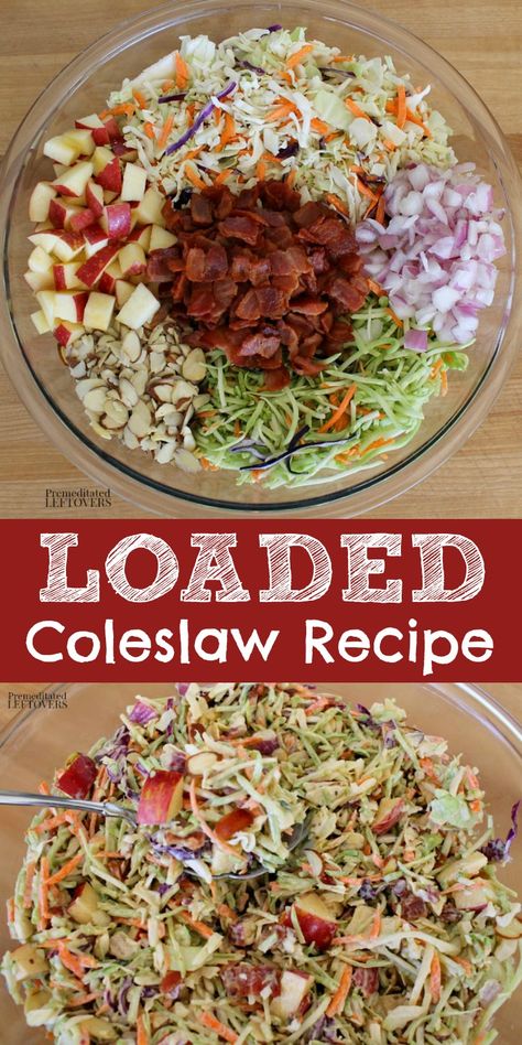 This loaded coleslaw recipe has two types of slaw: traditional cabbage slaw and broccoli slaw. It also has bacon, apple, onion, and almond slivers. This #coleslaw with #bacon is perfect for your next #barbecue or #partyrecipes Cabbage And Broccoli Salad, Delicious Coleslaw Recipes, Kevin Bacon Asian Slaw, Corn Cabbage Slaw, What To Do With A Bag Of Coleslaw, Shredded Coleslaw Mix Recipes, Coleslaw Soup Recipe, How To Shred Cabbage For Coleslaw, Coleslaw Meal Ideas