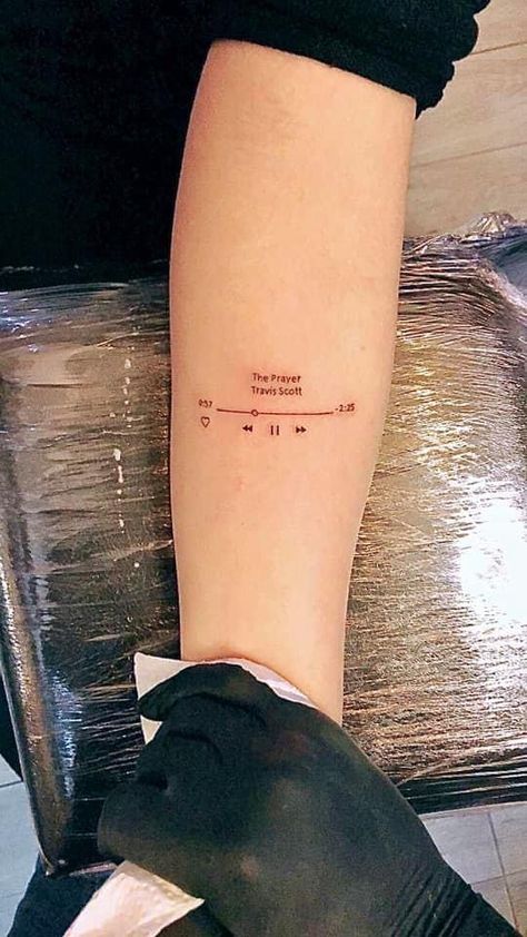 Song Playing Tattoo, Music Playlist Tattoo, Song Tattoos Ideas Spotify, Song Tattoo Designs, Tattoo Ideas Female Lyrics, Spotify Song Tattoo, Spotify Barcode Tattoo, Spotify Tattoo Ideas, Travis Scott Inspired Tattoos