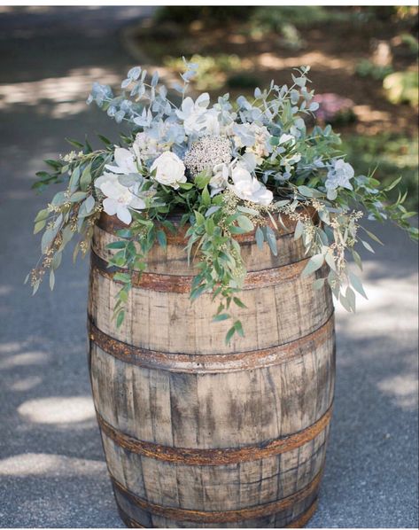 Wine Barrel Wedding Eucalyptus, Wedding Barrel Flowers, Small Boho Bouquet Wedding, Rustic Wine Barrel Wedding Decor, Decorating Wine Barrels For A Wedding, Carboy Jug Decor Wedding, Flowers On Wine Barrels Wedding, Barrel Floral Arrangements Wedding, Wine Barrel Arrangements Wedding