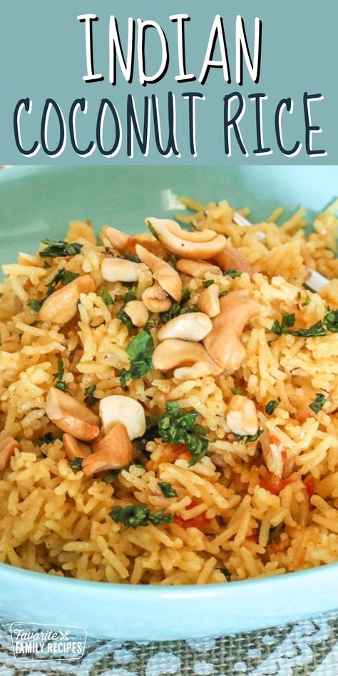 This Indian Coconut Rice recipe uses fresh spices and vegetables to brighten the color and taste of the Basmati Rice. Coconut milk gives the rice some sweetness and a mild coconut flavor. It has a hint of curry, but the fresh spices are really what sets this recipe apart from most coconut rice recipes out there. Coconut Recipes Indian, Coconut Rice Recipes, Coconut Basmati Rice, Basmati Rice Recipes, Coconut Milk Rice, Rice Coconut, Coconut Rice Recipe, Indian Rice Recipes, Savory Rice