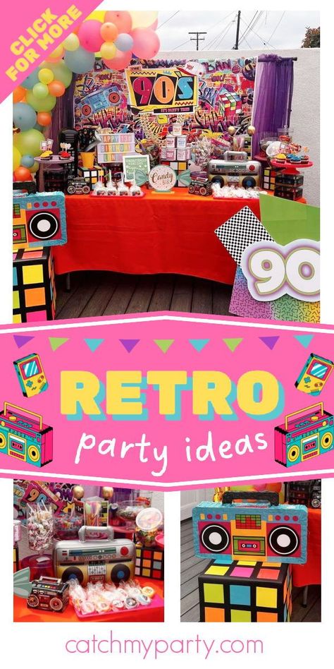 Check out this awesome '90s-themed birthday party! The dessert table is so cool! See more party ideas and share yours at CatchMyParty.com 90s Birthday Party Theme Decoration, 1990s Birthday Party Theme, 90s Party Ideas Decoration, Bday Breakfast, 90s Theme Party Decorations, Retro Birthday Party, 90s Party Ideas, 90s Party Decorations, Decades Party