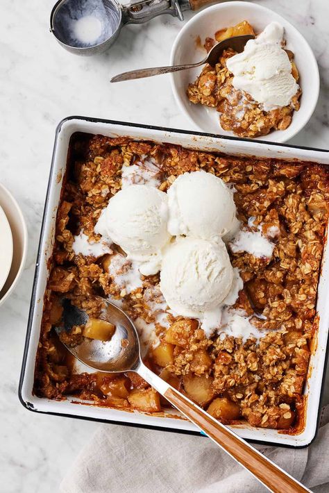 This apple crisp recipe is an easy, delicious fall dessert! It features juicy cinnamon apples and a buttery brown sugar and oat topping. We love it with vanilla ice cream! Delicious Apple Crisp, Apple Crisp With Extra Crisp, Spiced Apple Crisp, Single Serve Apple Crisp Recipe, Crimson Crisp Apple Recipes, Apple Crisp Photography, Fall Desserts Recipes Easy, Food Dolls Apple Crisp, What To Do With Soft Apples