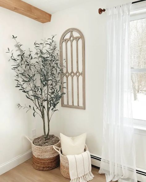 Decor Behind Chair In Corner, How To Fill A Corner Space, Decor For Living Room Corner, Corner Fillers Living Rooms, In Front Of Window Decor, Accent Corner In Living Room, What To Put In A Corner Of A Living Room, Corner Living Room Ideas Small Spaces, Corner Of Living Room Decor