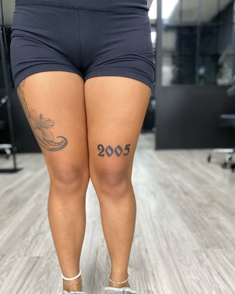 Year Tattoo Number Above Knee, 2005 Above Knee Tattoo, 2002 Above Knee Tattoo, Birth Year Tattoo On Leg, 2005 Knee Tattoo, Year Above Knee Tattoo, 2004 Tattoo Ideas On Leg, Year Knee Tattoo, Year Born Tattoo