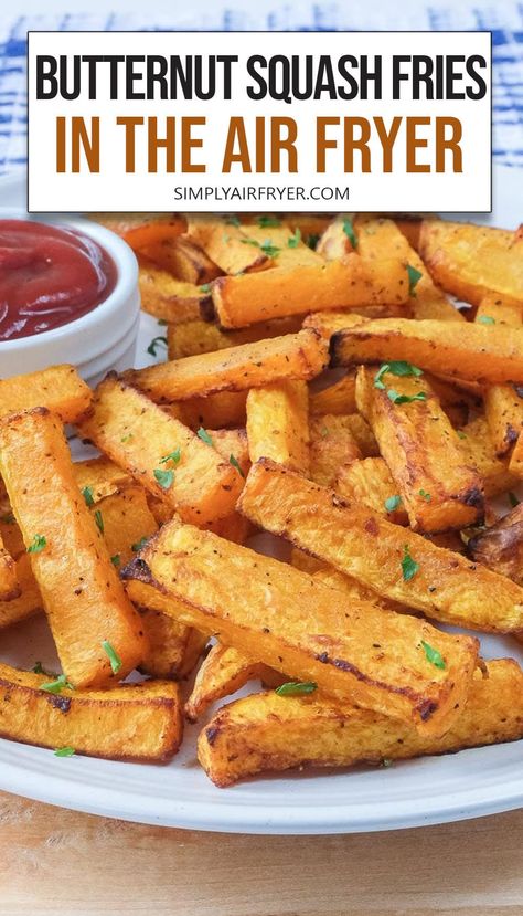 Want to make air fryer butternut squash fries? These crispy yet tender fries are easy to make and a great side dish. Here's how to make them! Butternut Recipe, Air Fryer Butternut Squash, Air Fryer Fries, Butternut Squash Fries, Squash Fries, Butternut Recipes, Fall Dishes, Recipe Steps, Squash Recipes