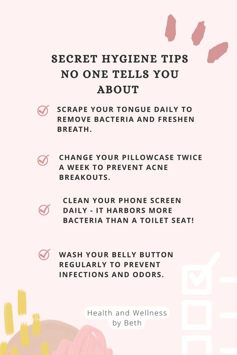 Discover lesser-known hygiene tricks to elevate your self-care routine! From tongue scraping to pillowcase changing, these tips will keep you feeling fresh. #hygienehacks #selfcare #healthtips #cleanliving Basic Hygiene Women, Hygiene Tips Women, Female Tips Hygiene, Female Hygiene Routine, Hygenic Tips Women, Women Hygiene Tips, Hygenic Tips Feminine, Hygiene Tips Feminine, Personal Hygiene Tips