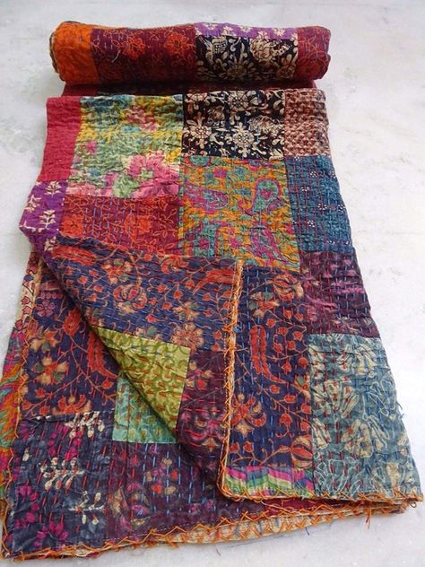 Asian Textiles, Boho Quilt, Indian Quilt, Quilt Modernen, Indigo Prints, Handmade Bed, Denim Quilt, Kantha Bedspreads, Quilted Bedspreads