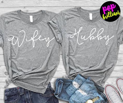 Time to get your Honeymoon T-Shirts! This Wifey Tshirt and Hubby Shirt combo is a great gift for newly Married Couples! Makes for a Cute Wedding Present to bring because then they can wear them the next day! Makes for a great Gift for Christmas as well! These Hubby Wifey Shirts are so Married Outfits, Married Couple Shirts, Hubby Wifey Shirts, Awesome Gadgets, Wifey Sweatshirt, Future Planning, Couples Shirts, Groom Shirts, Cruise Shirts