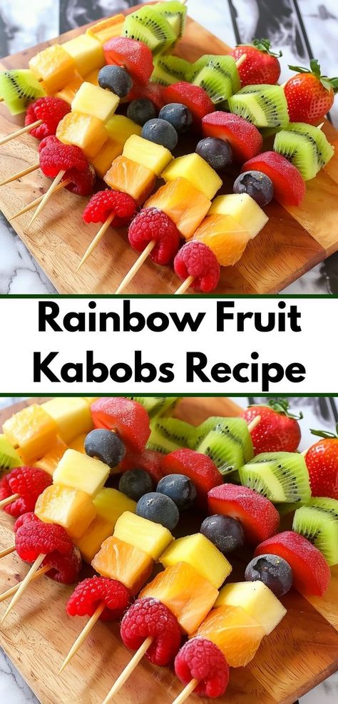 Looking for kids party food? Our Rainbow Fruit Kabobs Recipe is ideal! Colorful fruit kabobs for party fun, perfect as a healthy dessert recipe. Kabobs For Party, Rainbow Fruit Kabobs, Kabob Recipes, Fruit Kabobs, Rainbow Fruit, Refreshing Desserts, Kids Party Food, Fruit Salad Recipes, Delish Recipes