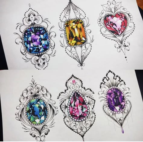 Kids Birthstones Emerald(Pearl) Onyx(Aquamarine) Silas(Amethyst) Jewelry Tattoo Designs, Jewel Drawing, Gem Drawing, Gem Tattoo, Jewel Tattoo, Crystal Tattoo, Jewellery Design Sketches, Lace Tattoo, Jewelry Illustration