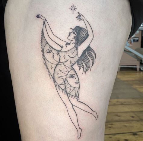 Random Placement Tattoo Sleeve, Women And Moon Tattoo, Female Thigh Tattoos Unique, Line Work Woman Tattoo, Witch Burned At Stake Tattoo, Woman Sitting On Moon Tattoo, I Am Inimitable I Am An Original Tattoo, Tattoos For Sleeves For Women, Matching Tattoos Edgy