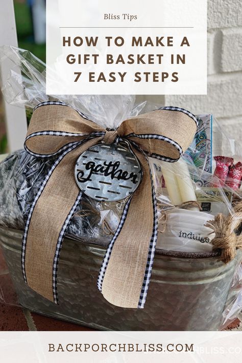 Learn how to put together a custom gift basket in 7 easy steps. Using a Cozy Farmhouse Basket as an example, I'll share all my best tips! How To Put Together A Gift Basket Diy, Rustic Gift Baskets, Decorating Gift Baskets, Gift Basket Ribbon Wrapping Ideas, Making A Gift Basket Diy, Southern Gift Basket Ideas, Gift Basket Tutorial How To Make, Home Goods Gift Basket, Wine Basket Gift Ideas Wedding