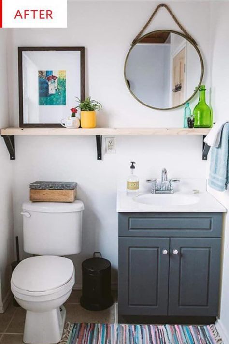 This budget friendly bathroom makeover is a true transformation for under $100. The space went from boring and beige to colorful, bright and practical. The shelf above the toilet is a brilliant way to add extra storage. #bathroommakeover Vanity Painting, Cheap Bathroom Vanities, Cheap Bathroom, Walk In Shower Designs, Cheap Bathrooms, Beige Bathroom, Basement Bathroom, Diy Bathroom Decor, Trendy Bathroom