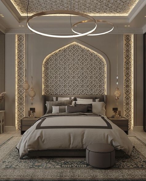 Arabic Inspired Bedroom, Arabic Interior Design Bedroom, Islamic Interior Design Bedroom, Arabic Bedroom Design, Arabic Home Design, Arab Bedroom, Pakistani Bedroom, Islamic Bedroom, Arabian Bedroom