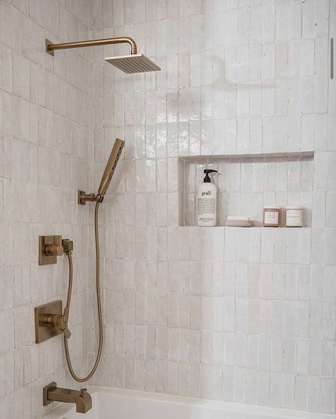 Riad Shower Tile, Garden Tub Shower Combo Tile, Gold Globe Bathroom Light, Bathroom Floor To Shower Tile, Tub With Tiled Walls, Signature Hardware Hibiscus Tub, Beach Spa Bathroom Ideas, Single Restroom Ideas, Spa Like Interior Design