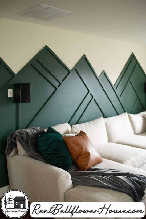 Feature Wall Mountains, Mountain Tape Wall, Wood Trim Accent Wall Mountains, Mountain Panel Wall, Mountain Wainscotting, Painted Triangle Accent Wall, Green Mountain Accent Wall, Accent Wall Sponge Paint, Mountain Wall Bedroom