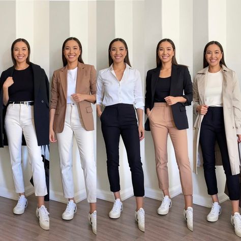 Business Casual Medium Size, Working At School Outfit, Staple Business Casual Pieces, White Pants Outfit Business Casual, Tan And White Work Outfit, Smart Casual Work Capsule, Work Outfits Women In 20s, 2023 Workwear Women, Sneaker Work Outfits Women Winter