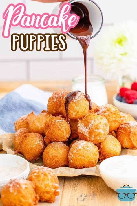 Pancake Hush Puppies Recipe, Dessert Hush Puppies Recipe, Puff Pancake Recipe Breakfast, Desserts Made With Pancake Batter, Fun Pancake Ideas, Recipes Using Pancake Mix Breakfast, Pancake Mix Dessert Recipes, Breakfast Pancake Ideas, Pancake Mix Recipe Ideas Breakfast