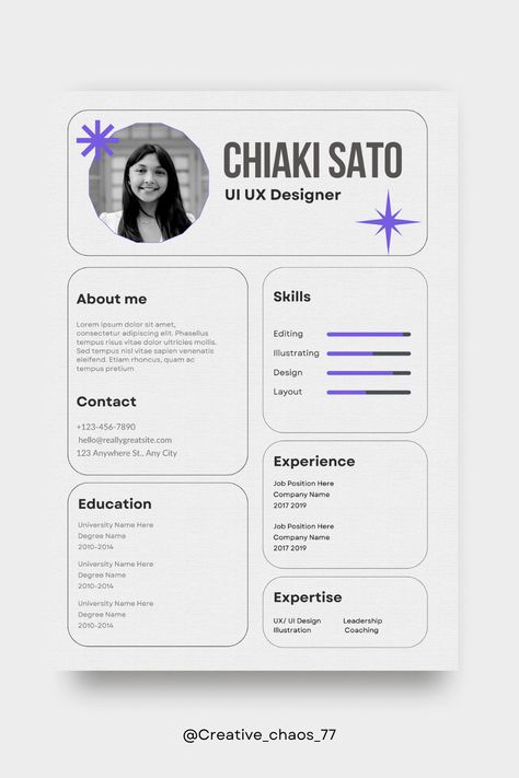 Uiux Designer Resume, Graphic Design Resume Layout, Minimal Cv Design, Artist Resume Design, Cv Layout Design Creative Cv, Designer Cv Design, Cv Layout Design, Designer Resume Creative, Ui Ux Designer Resume