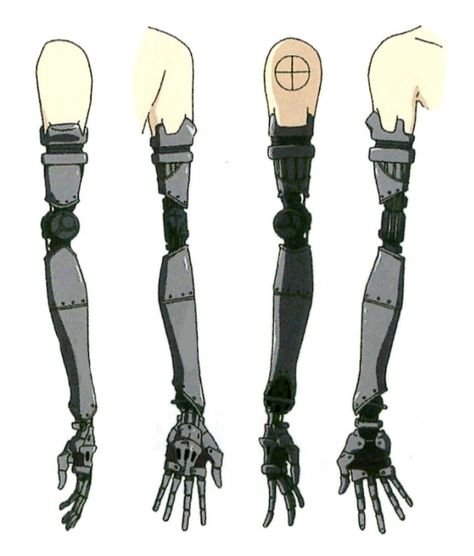 Violet Evergarden Prosthetic, Robotic Outfit Design, Mechanical Arm Reference, Black Prosthetic Arm, Prosthetics Drawing Reference, Prosthetics Character Design, Prosthetic Design Art, Robotic Limbs Art, Prosthetic Arm Drawing Reference