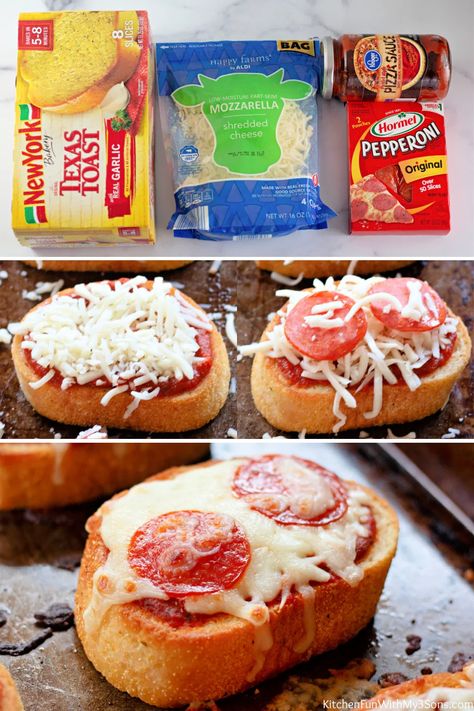 When you need a delicious and family-friendly recipe that can be made in a snap, Garlic Bread Pizza are just right! Made start-to-finish in 10 minutes, these personal pizzas will be a favorite new addition to your weekly dinner rotation. Crisp and buttery garlic bread slices topped with pizza sauce, mozzarella cheese, and your favorite pizza toppings--a ton of flavor packed into each delicious slice. Texas Toast Pizza, Toast Garlic Bread, Texas Toast Garlic Bread, Personal Pizzas, Frozen Garlic Bread, Garlic Bread Pizza, Toast Pizza, Dinner Rotation, Weekly Dinner