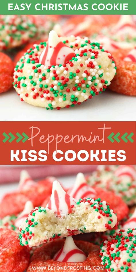 These Peppermint Kiss Cookies are the perfect Christmas cookie. Soft, chewy, perfectly dense sugar cookies are infused with peppermint flavor, coated in festive sprinkles, and topped with a Candy Cane Hershey's Kisses. Sugar Cookies With Peppermint Kisses, Peppermint Kiss Blossom Cookies, Peppermint Kiss Sugar Cookies, Sugar Kiss Cookies, Christmas Cookies Peppermint Kiss, Sugar Cookie Kisses Recipe, Hersheys Peppermint Kiss Cookies, Candy Cane Kisses Recipes, Christmas Cookies With Kisses On Top