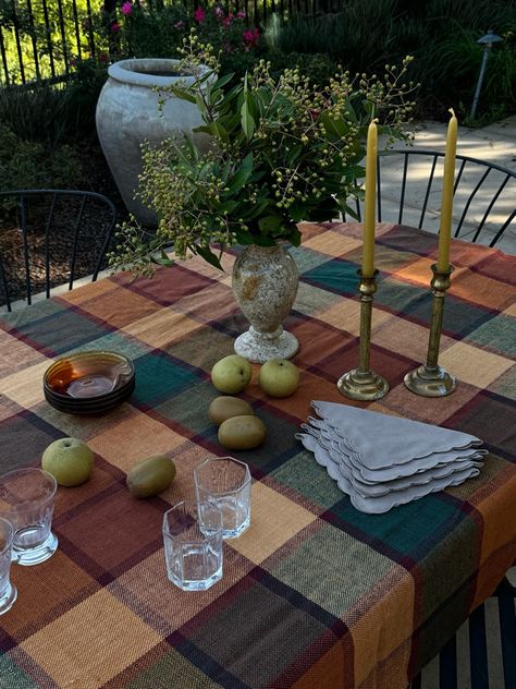 Fall Plaid Tablecloth, Thanksgiving Dinner Party Table, Aesthetic Thanksgiving Decor, Thrifted Thanksgiving Table, Martha Stewart Thanksgiving Tablescapes, Buffet-style Thanksgiving Table Setup, Setting The Table For Dinner, Thanksgiving Apartment Decor, Vintage Table Scape