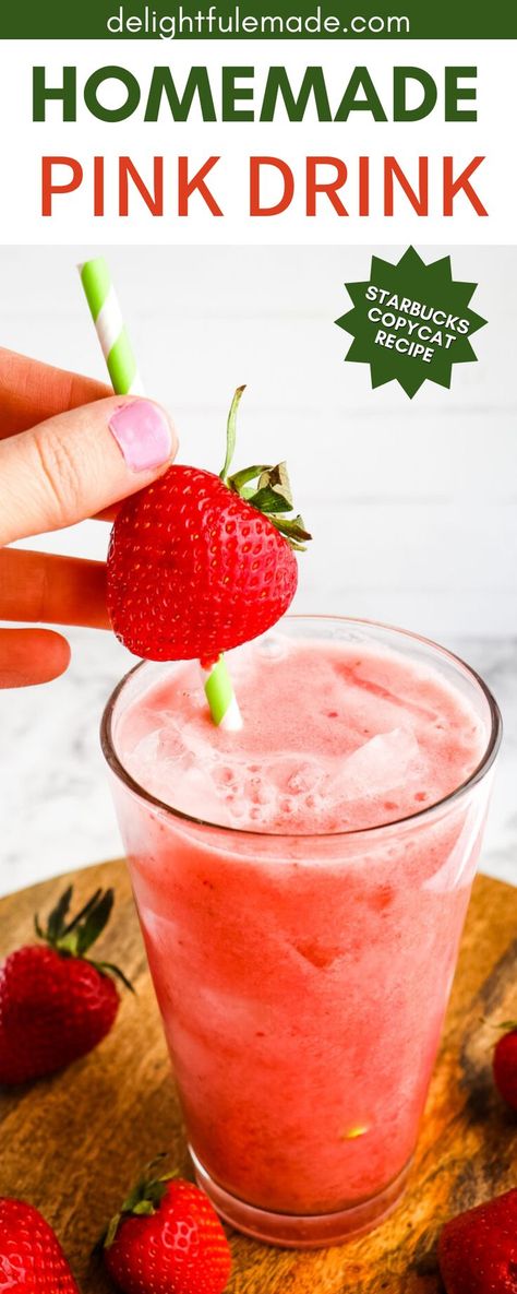 Pink Drink Ingredients, Homemade Pink Drink, Blended Drink Recipes, Pink Drink Recipe, Starbucks Pink Drink Recipe, Strawberry Kiwi Smoothie, Starbucks Pink Drink, Drink Ingredients, Pink Drink Recipes