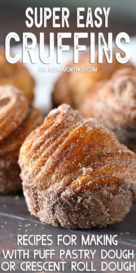 This Easy Cruffin Recipe is a cross between a croissant & a muffin. Made with puff pastry OR crescent roll dough & coated in cinnamon & sugar. Taste & texture similar to churros & positively heavenly. Great for breakfast, drizzled with dipping sauce, or topped with ice cream for dessert. Incredible Yummy Recipes, Croissant Roll Breakfast Recipes, Back In The Day Bakery Recipes, Pillsberry Croissant Recipes, Easy Puffed Pastry Dessert, Puffed Pastry Breakfast, Recipes For Puff Pastry, Crossaint Waffles, Easter Puff Pastry Recipes