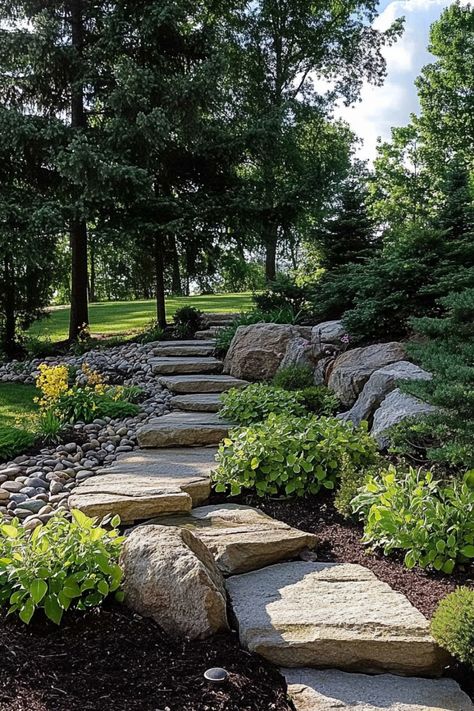 Stone path winding through a lush garden with blooming flowers and large rocks. Rock Slabs Landscaping, Modern Farm Landscape Design, Adirondack Landscaping, Landscaping For Sloped Front Yard, Using Boulders In Landscaping, Natural Stone Landscaping, Deck Ideas For Sloped Backyard, Rock Retaining Wall Sloped Backyard, Rock River Bed Landscape Design