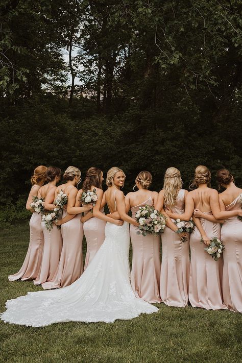 8 Bridesmaids Pictures, Light Pink And Beige Bridesmaid Dresses, Blush Pink Bridesmaid Dresses Dusty Rose Wedding Bouquets, Champagne Pink Bridesmaid Dress, Bride And Groomsmen Pictures, Light Pink Wedding Theme Bridesmaid Dress, Bridal Party With Light Pink, English Rose And Neutral Blush Bridesmaids, Morning Photoshoot