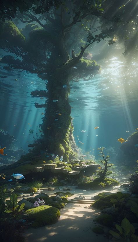 Underwater Forest Art, Water Magic Fantasy Art, Underwater Kingdom Fantasy Art, Dream World Aesthetic, Fantasy World Forest, Fantasy World Landscapes, Underwater Library, Ocean Fantasy Art, Fantasy Forest Landscape