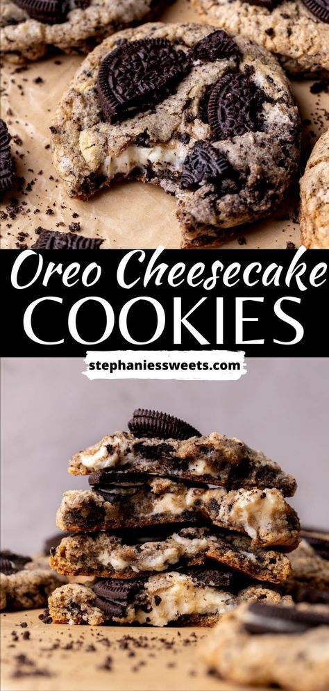 Desserts And Sweets, Oreo Cheesecake Filled Cookies, Deep Dish Smores Cookies, Cookies And Cream Cheesecake Cookies, Cookie Recipes Cheesecake, Cheesecake Cookies Bars, Cookie Flavor Combinations, Office Baking Ideas, Cheesecake Oreo Cookies