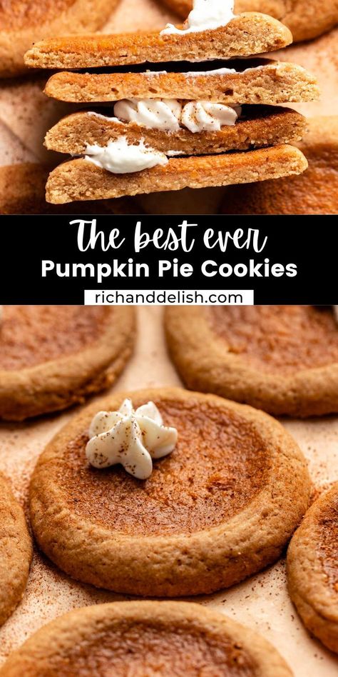 These pumpkin pie cookies are made with a buttery, spiced dough that is filled with a creamy pumpkin filling and topped with whipped cream. Ginger Snap Pumpkin Pie Cookies, Spicy Pumpkin Cookies, Homemade Pumpkin Filling, Pumpkin Cookies With Pumpkin Pie Filling, Pumpkin Cookies Recipes Easy, Cookies With Pumpkin Pie Filling, Recipes With Pumpkin Pie Filling, Pumpkin Pie Filling Cookies, Pumpkin Pie Filling Uses