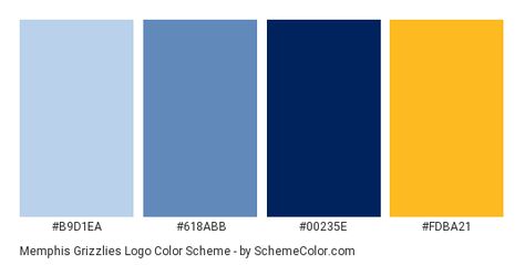 Download Memphis Grizzlies Logo color scheme consisting of #b9d1ea, #618abb, #00235e and #fdba21. This 4 colors palette has been categorised in Brand and Logo, Light, Light Blue and Yellow color categories. Yellow Blue White Color Scheme, Yellow And Navy Color Palette, Yellow And Blue Website Design, Logo Color Palette Branding Blue, Dark Blue And Yellow Color Palette, Light Blue Yellow Color Palette, Yellow And Blue Color Scheme, Color Palette Yellow And Blue, 4 Colors Palette