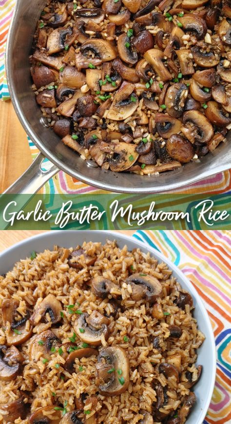 Fresh mushrooms sautéed with garlic and butter cooked with rice on the stovetop in a savory, beefy stock for a quick and easy side dish. Mushroom Pilaf Rice, Quick Healthy Rice Recipes, Beefy Mushroom Rice Casserole, Wild Rice Mushroom Pilaf, Side Dishes With Mushrooms, Garlic Mushroom Rice, Easy Mushroom Rice Recipes, Brown Rice Mushroom Recipes, Brown Rice Side Dish Recipes Healthy