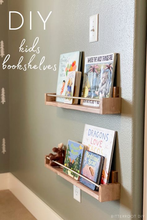 How to build kids wall bookshelves - a quick, budget friendly project and great way to encourage your kids to read! #diy #diyhome #shelf #kidsroom #kidsspaces #kidroomdesign #kidroomideas Floating Bookshelves Diy, Diy Nursery Shelf, Diy Nursery Bookshelves, Kids Wall Shelf, Wall Bookshelves Kids, Kids Wall Shelves, Diy Bookshelf Kids, Woodland Kids Room, Ikea Book