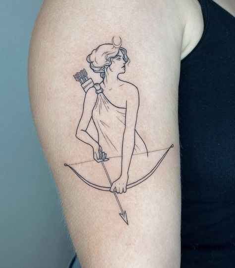 Goddesses Tattoo For Women, Dainty Archer Tattoo, Artemis Minimalist Tattoo, Small Ancient Greek Tattoo, Minimalist Goddess Tattoo, Antigone Tattoo, Artemis Tattoo Symbol, Diana Goddess Tattoo, Greek Goddess Tattoo Artemis