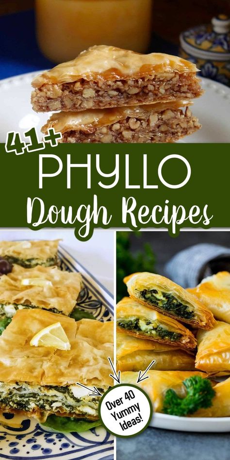 Three images of recipes made from Phyllo dough with Pinterest overlay. How To Make Philo Dough, What To Make With Phylo Pastry, Phyllo Dough Hand Pies, Philo Dough Recipes Desserts Phyllo Cups, Savoury Phyllo Pastry Recipes, Appetizer Recipes With Phyllo Dough, Phyllo Sheet Appetizers, Appetizers Using Phyllo Dough, Stuffed Phyllo Dough