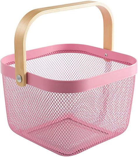 AJIODA Metal Mesh Steel Basket, Storage Organizer Basket Multi-Functional Hanging Kitchen Baskets Fruit Basket Bin with Bamboo Handle for Kitchen Bathroom Picnic Shopping Decor Cabinet Home, Pink : Amazon.ca: Everything Else Kitchen Basket Storage, Organizing Bathroom Cabinets, Bathroom Basket Storage, Pink Office, Bathroom Drain, Kitchen Baskets, Fruit Storage, Metal Baskets, Pantry Cabinet