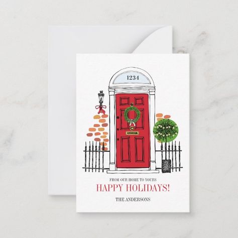 Christmas Front Door Illustration, Christmas Door Watercolor, Simple Merry Christmas Card, Christmas Card Design Watercolor, Christmas Door Drawing, Christmas Postcards Ideas, Illustration Christmas Card, Christmas Door Card, Christmas Door Illustration