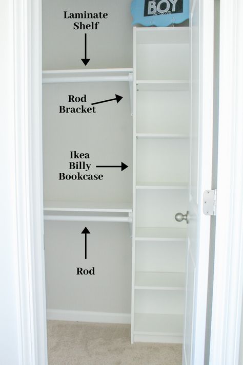 Small Bedroom Closet Makeover Diy, Built Ins For Small Closet, Ikea Closet Organization Small Spaces, Cheap Closet Makeover Small Spaces, Small Closet Organization Ikea, Small Closet For Nursery, One Door Closet Ideas, Diy Closet Build Small Spaces, Diy Coat Closet Makeover