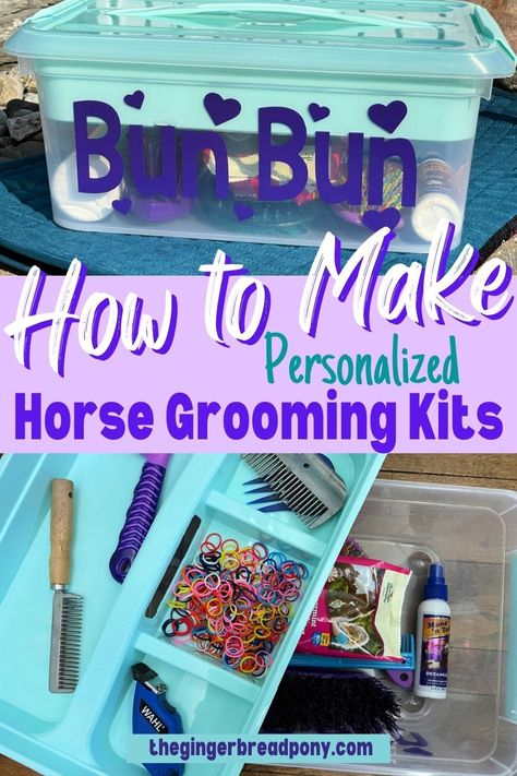 A horse grooming kit is by far, one of the most important must-have supplies for any horse owner or rider. But, what should you put in a horse grooming kit? Believe it or not, you can start out with some simple grooming essentials. We took our DIY horse grooming kit a step further and personalized our homemade kit! Head to our blog for the directions and tips for your own kit. #diy #horse #equestrian #thegingerbreadpony Horse Show Grooming Tips, Dollar Store Horse Hacks, Diy Equestrian Stuff, Diy Horse Accessories, Horse Brush Organization, Horse Grooming Tips, Horse Must Haves, Horse Necessities, Diy Horse Stuff