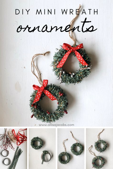 mini wreath ornaments with red bow Mini Wreaths Diy Christmas, Mini Wreath Diy, Allisa Jacobs, Diy Christmas Ornaments Rustic, Mini Wreaths Christmas, Jul Diy, Wreath Ornaments, Diy Christmas Wreaths Ideas, Christmas Wreaths Ideas