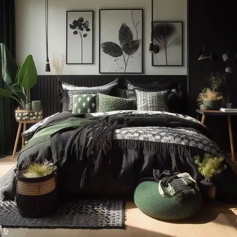 Black Cozy Bedroom Ideas, Black And Green Bedroom Ideas, Nursery Pictures Wall, Black And Green Bedroom, Black And Cream Bedroom, Grey Green Bedrooms, Hunter Green Bedrooms, Mountain Room, Olive Green Bedrooms