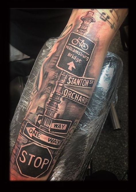 Street Tattoos, Tricep Tattoos, Houston Tattoos, Black Men Tattoos, Cool Half Sleeve Tattoos, New York Tattoo, Nyc Tattoo, Sign Tattoo, Gangsta Tattoos